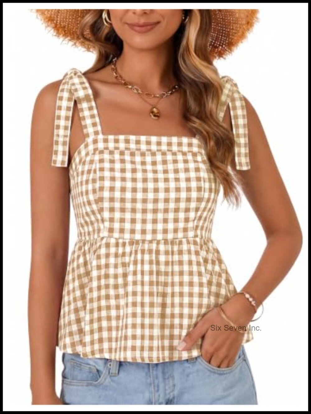 100% Cotton Gingham Tank Top Square Neck Babydoll Peplum Summer Top
